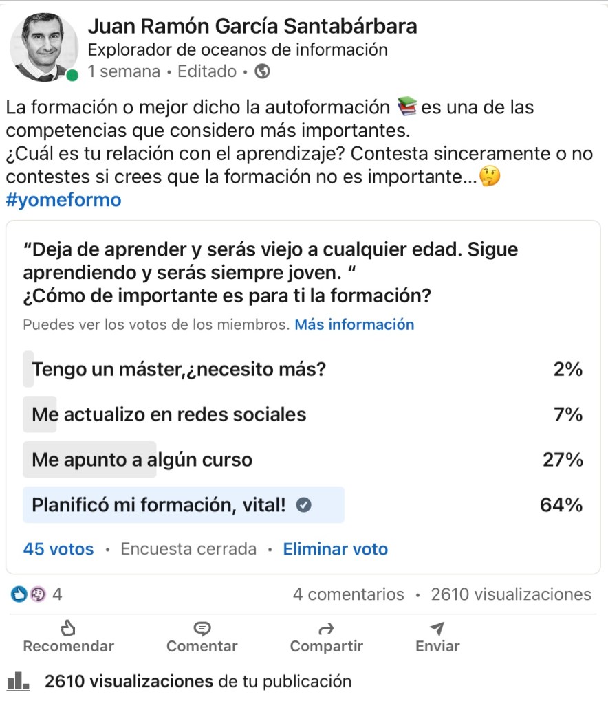 Resultado encuesta sobre aprendizaje en LinkedIn 
