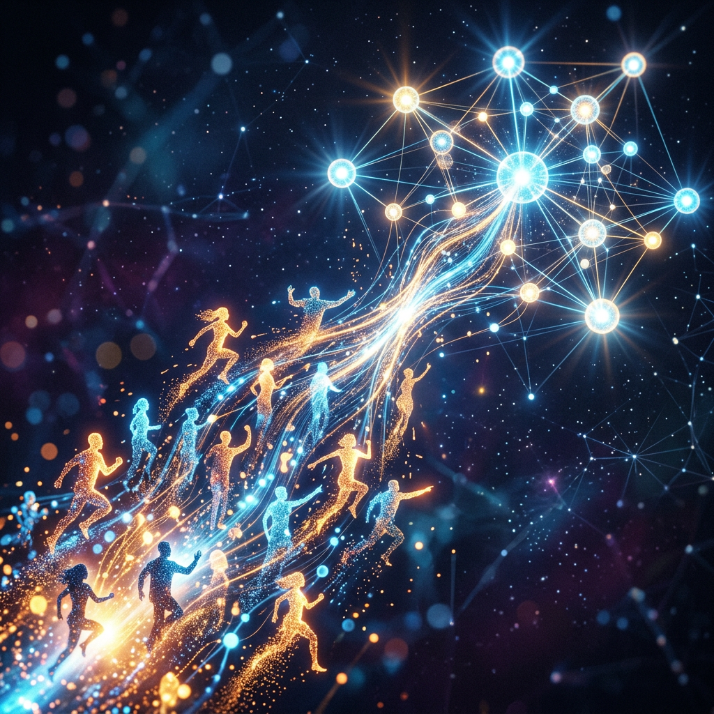 Glowing blue and orange human silhouettes running and connecting to a network of bright nodes and lines.