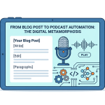 Computer screens displaying blog content, podcast automation interface, and podcast audio player