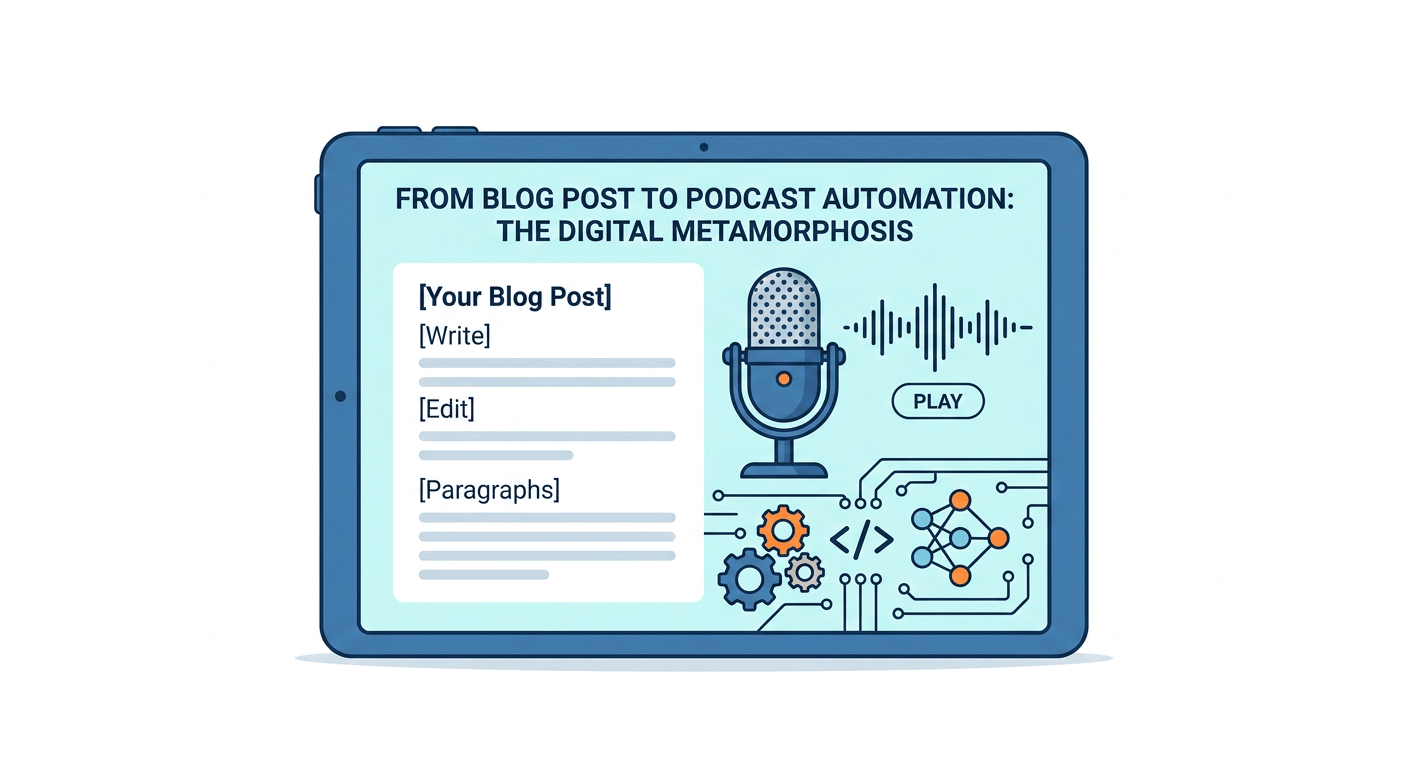 Computer screens displaying blog content, podcast automation interface, and podcast audio player