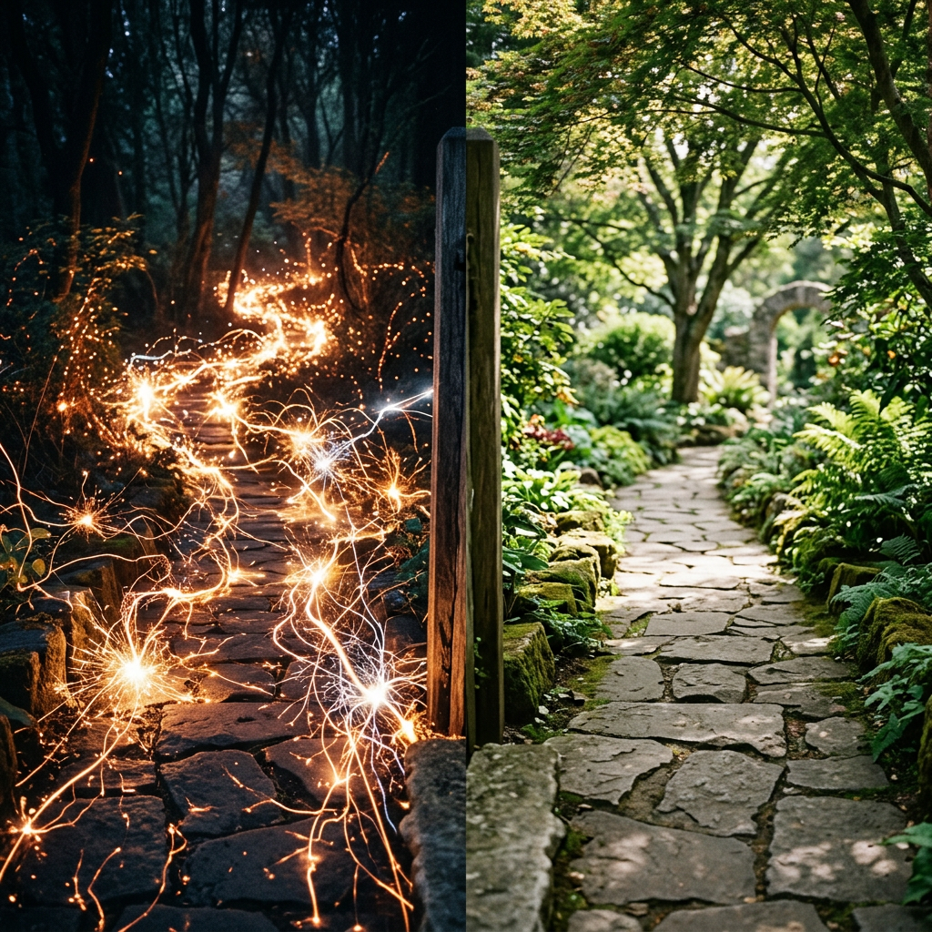 Stone path through forest with daytime greenery and nighttime glowing sparks