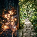Stone path through forest with daytime greenery and nighttime glowing sparks