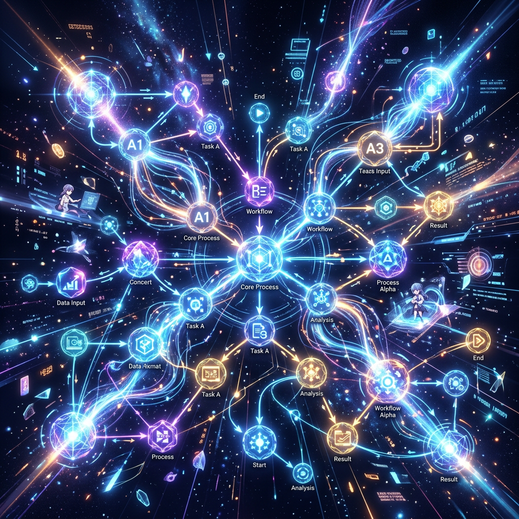 Colorful digital network diagram showing tasks, workflows, processes, and results interconnected with glowing lines and nodes