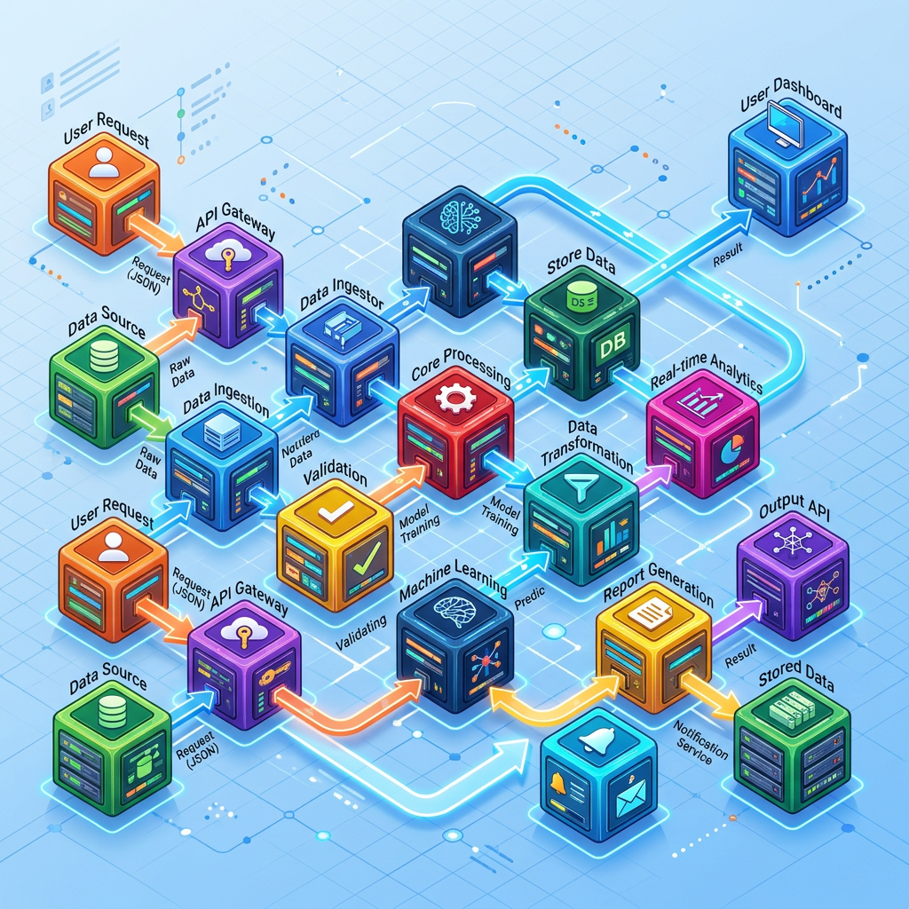 3D isometric data pipeline showing user request, data ingestion, validation, core processing, machine learning, data storage, real-time analytics, and user dashboard.