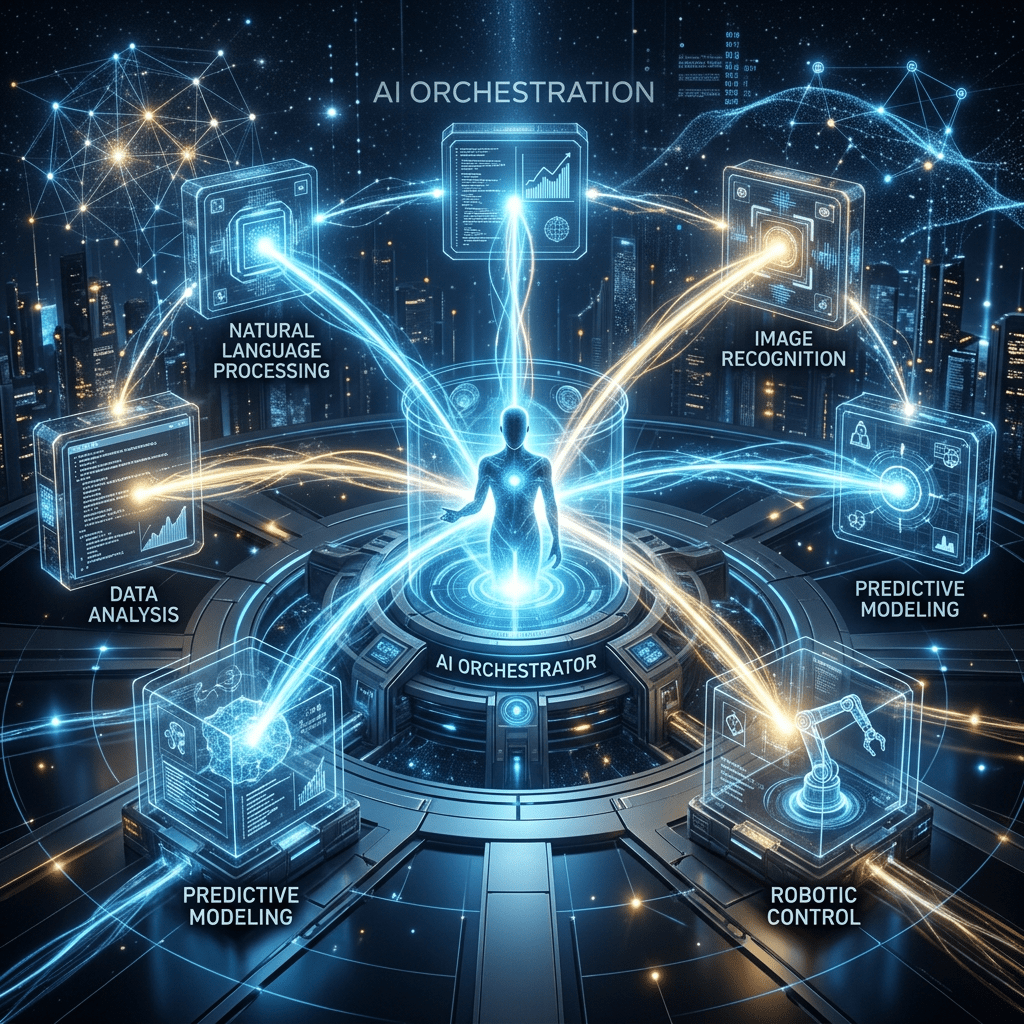 Central AI orchestrator connecting natural language processing, data analysis, image recognition, predictive modeling, and robotic control
