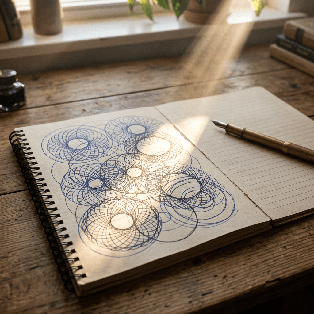 Open spiral sketchbook showing blue geometric spirograph patterns drawn with a fountain pen on rustic wooden table
