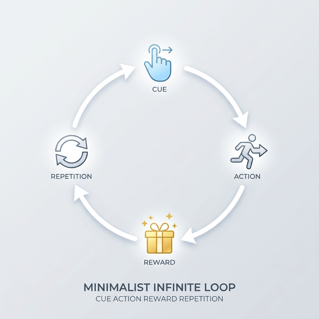 Cycle diagram with icons and labels cue, action, reward, repetition representing behavior loop.