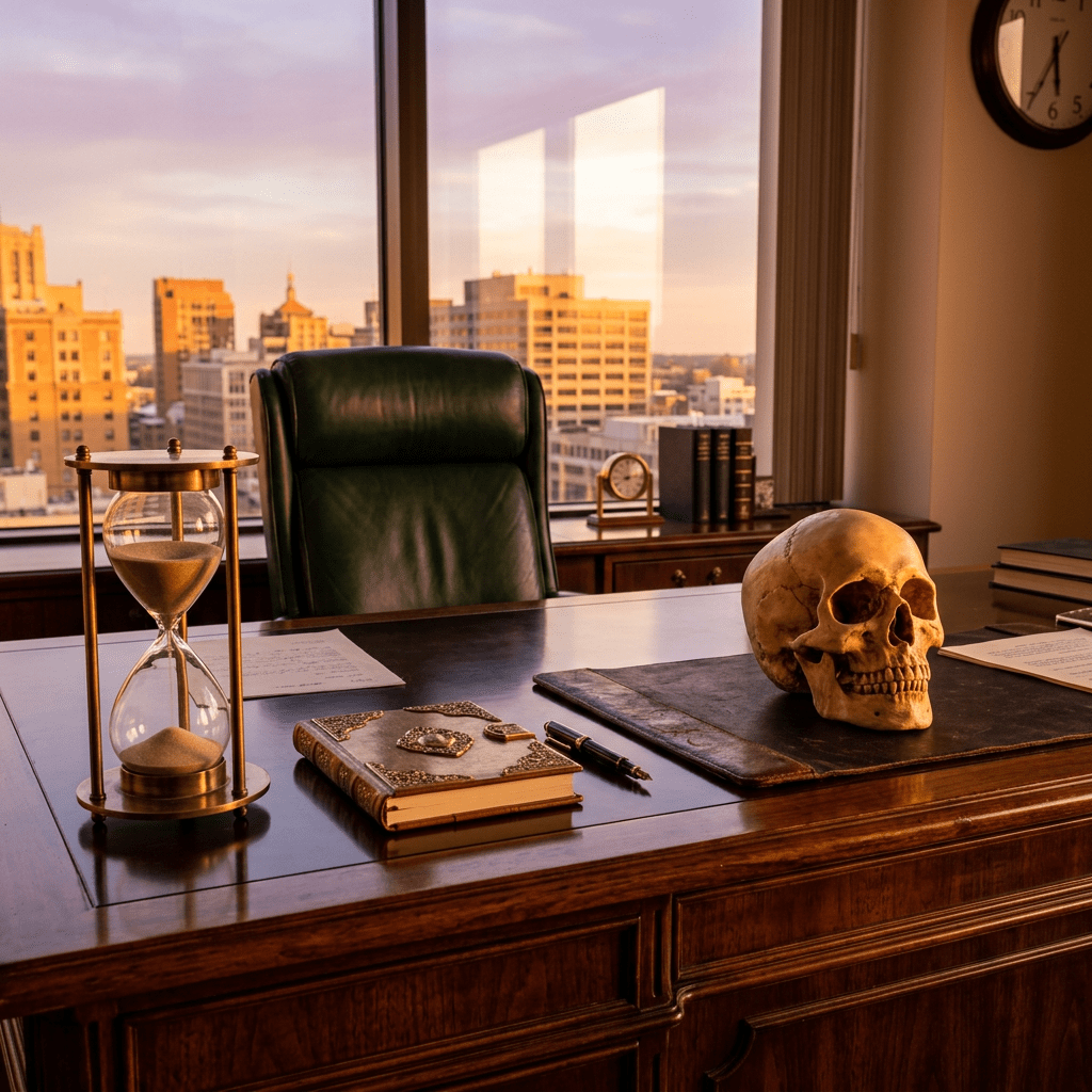 Office desk with hourglass, ornate book, fountain pen, human skull, and city skyline outside window