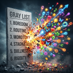 Stone slab labeled Gray List breaking apart with colorful symbols bursting out