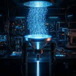 Metal funnel collecting cascading streams of binary code zeros and ones in laboratory
