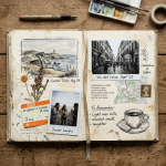 Open travel journal with coastal sketch, city photo, travel ticket, flowers, map, and coffee illustration