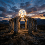 Stone circle framing a glowing orb beneath stormy sunset clouds