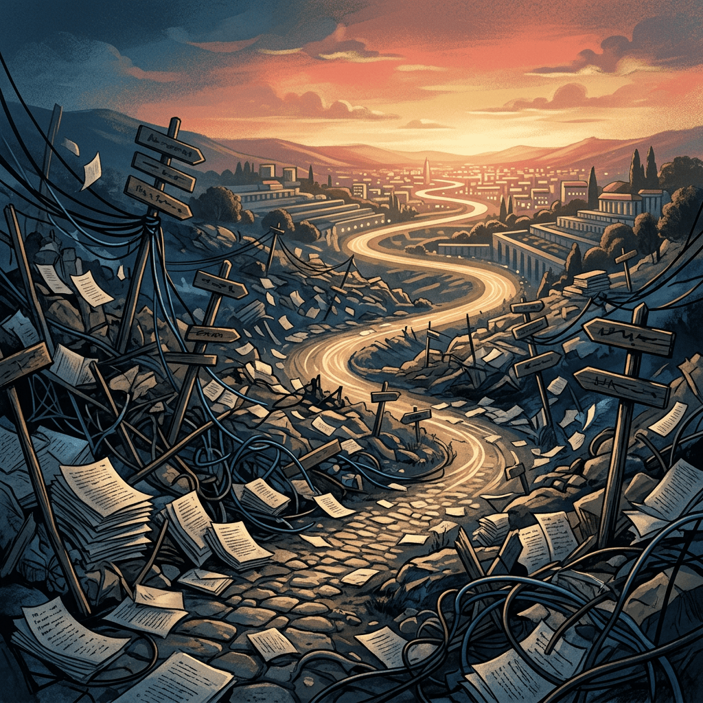 Winding road through rocky terrain toward a glowing city at sunset