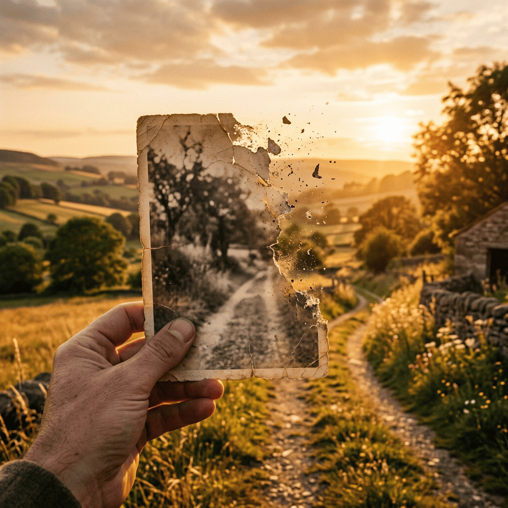 Hand holding a torn vintage photograph aligned with a countryside path