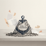 Geometric navy anchor surrounded by floating abstract paper shapes