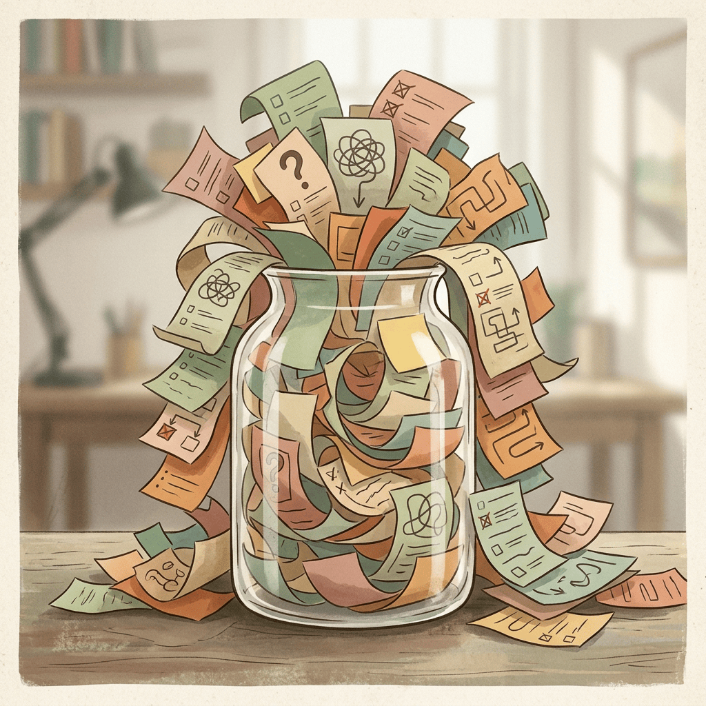 Glass jar overflowing with colorful notes, symbols, and abstract ideas