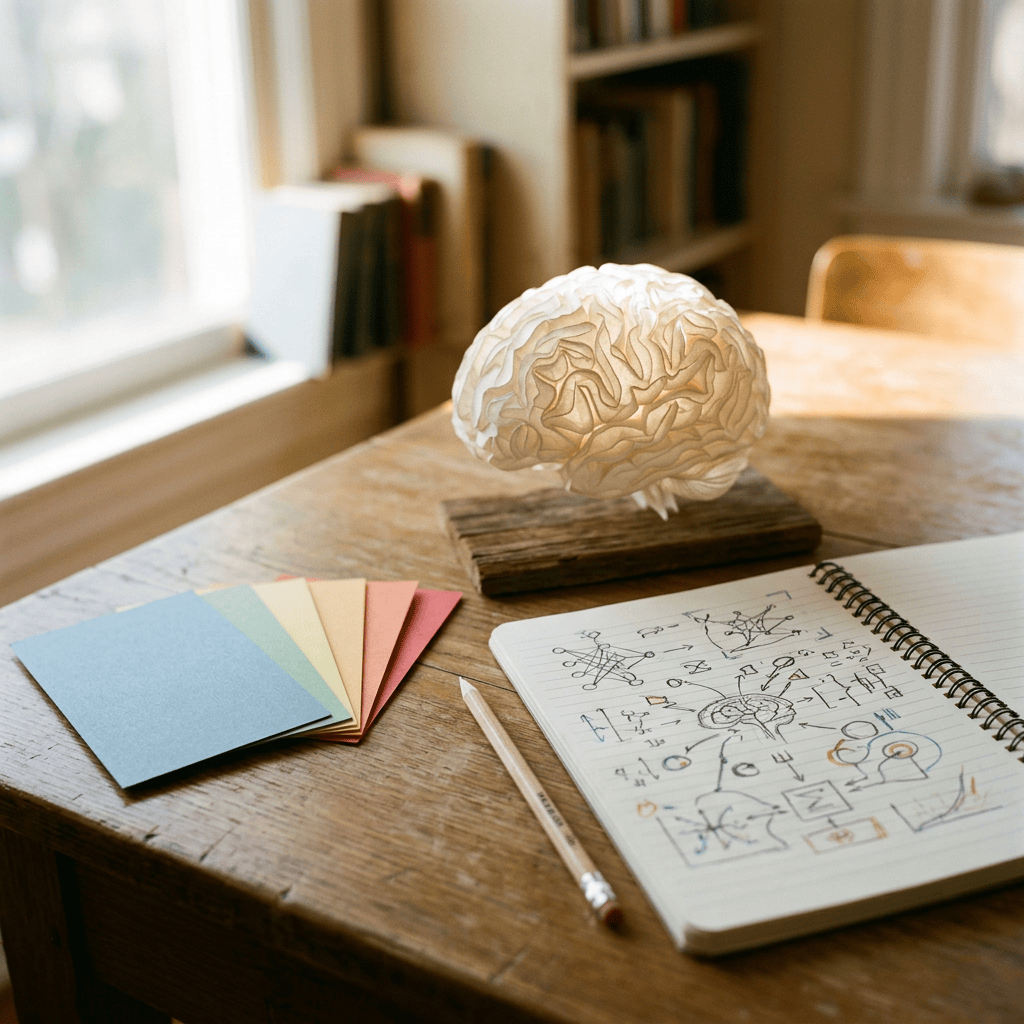 Brain model, sketchbook, pencil, and color swatches on a wooden desk