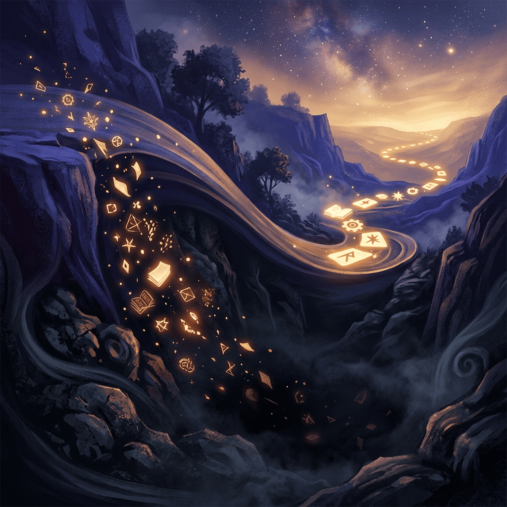 Glowing symbols winding through a starry mountain valley